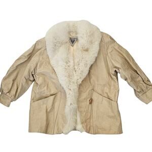 Vintage J. Percy X Marvin Richards Cream Fur Trim Leather 3/4 Sleeve Jacket M/L